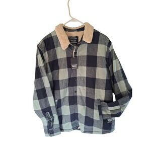 Grizzly Button Front Jacket Mens Large Green Cotton Blend Check Fleece Lined New